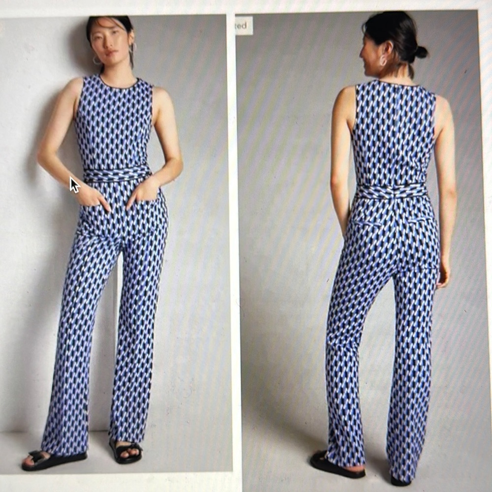 Anthropologie Maeve Ponte Wide Leg Jumpsuit in Blue Motif